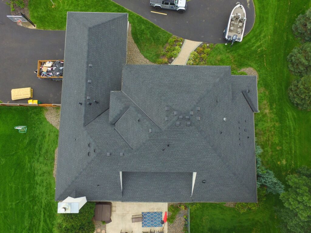A top down view of a roof taken from a drone